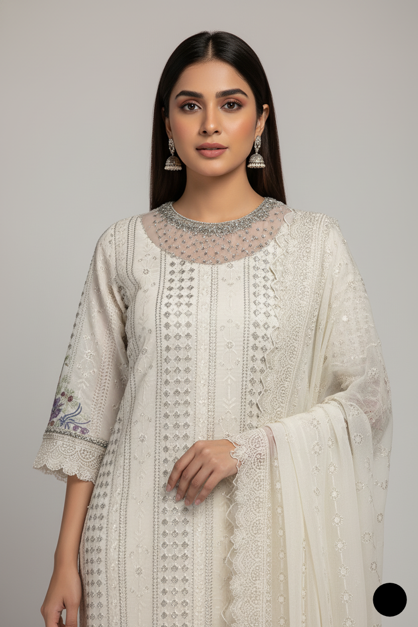 ABL 4075 - Beige Chiffon Straight 3-Piece Women's Pakistani Suit