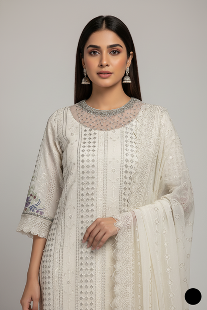 ABL 4075 - Beige Chiffon Straight 3-Piece Women's Pakistani Suit