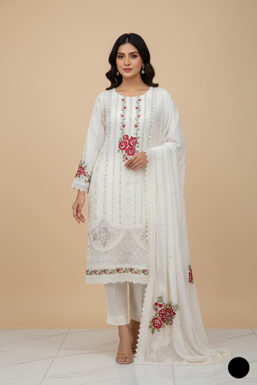 Cotton A-Line shirt ABS 3238 - Pakistani women's casual outfit with chiffon dupatta front view