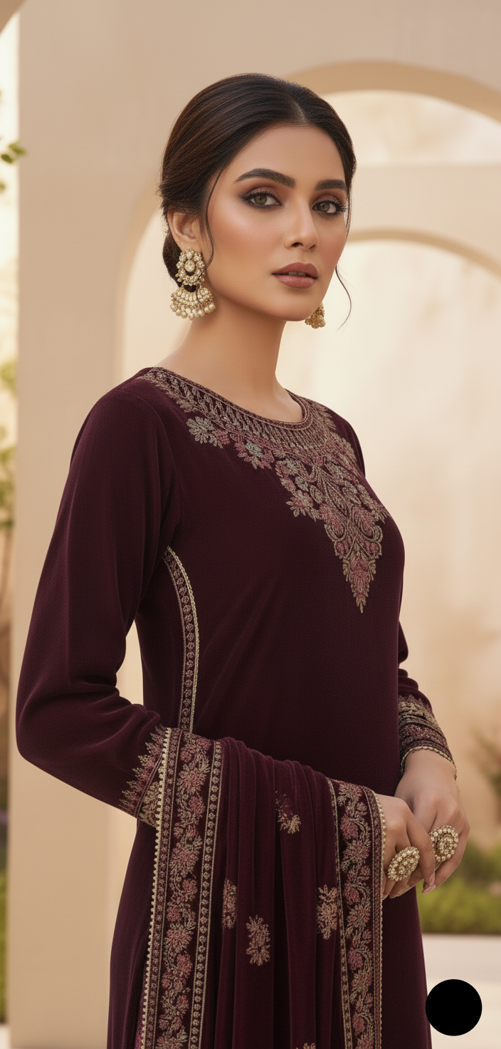 Maroon velvet Pakistani women's A-Line shirt side view