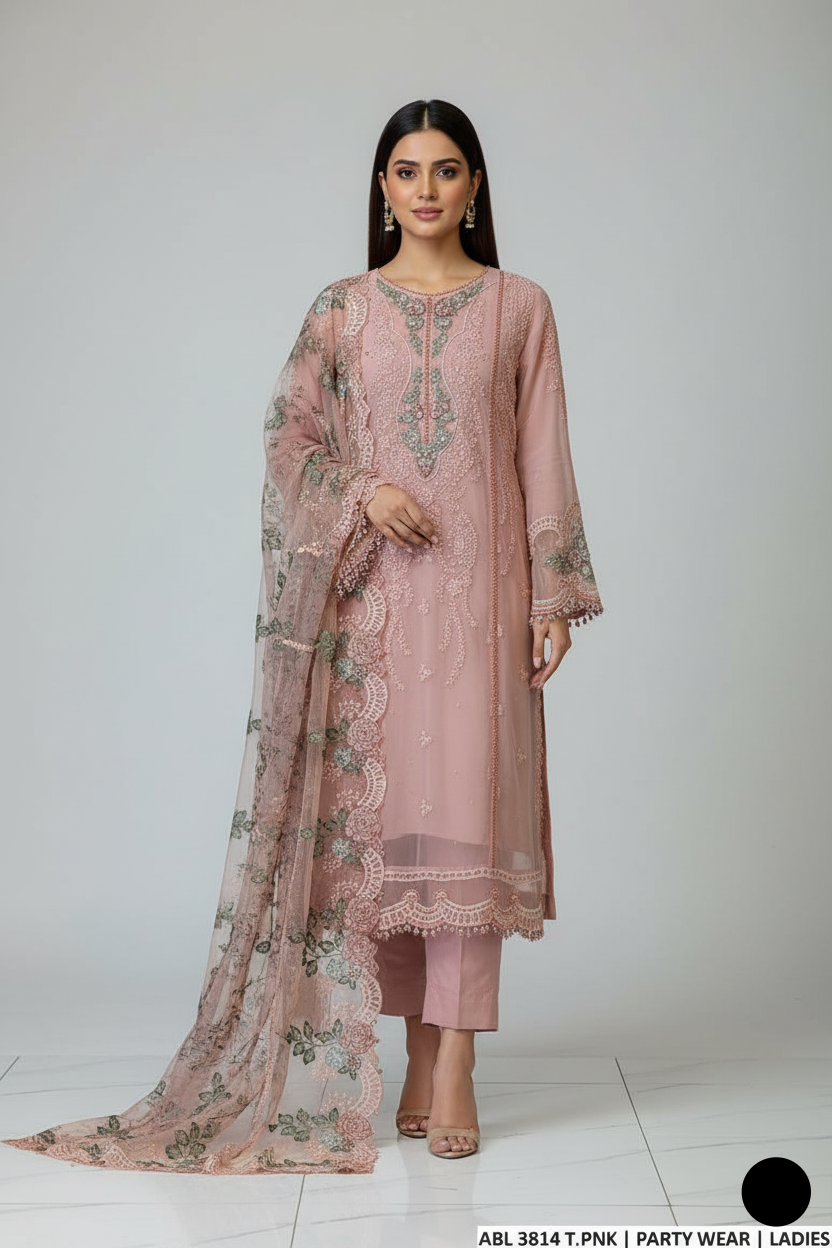 Chiffon A-Line shirt tea pink - Pakistani women's elegant formal wear with viscose trouser and chiffon dupatta front view