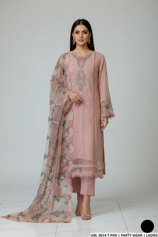 Chiffon A-Line shirt tea pink - Pakistani women's elegant formal wear with viscose trouser and chiffon dupatta front view