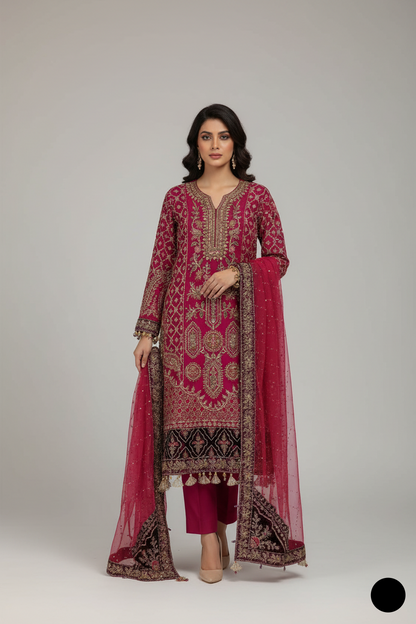Chiffon A-Line shirt shocking pink - Pakistani women's elegant formal wear with viscose trouser and chiffon dupatta front view