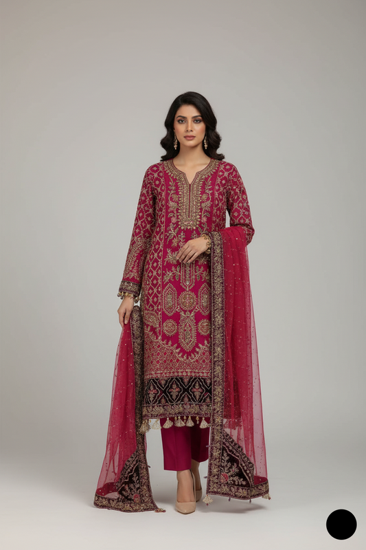 Chiffon A-Line shirt shocking pink - Pakistani women's elegant formal wear with viscose trouser and chiffon dupatta front view