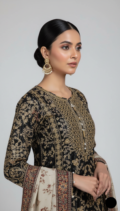 Pakistani women's black organza A-Line shirt detail view