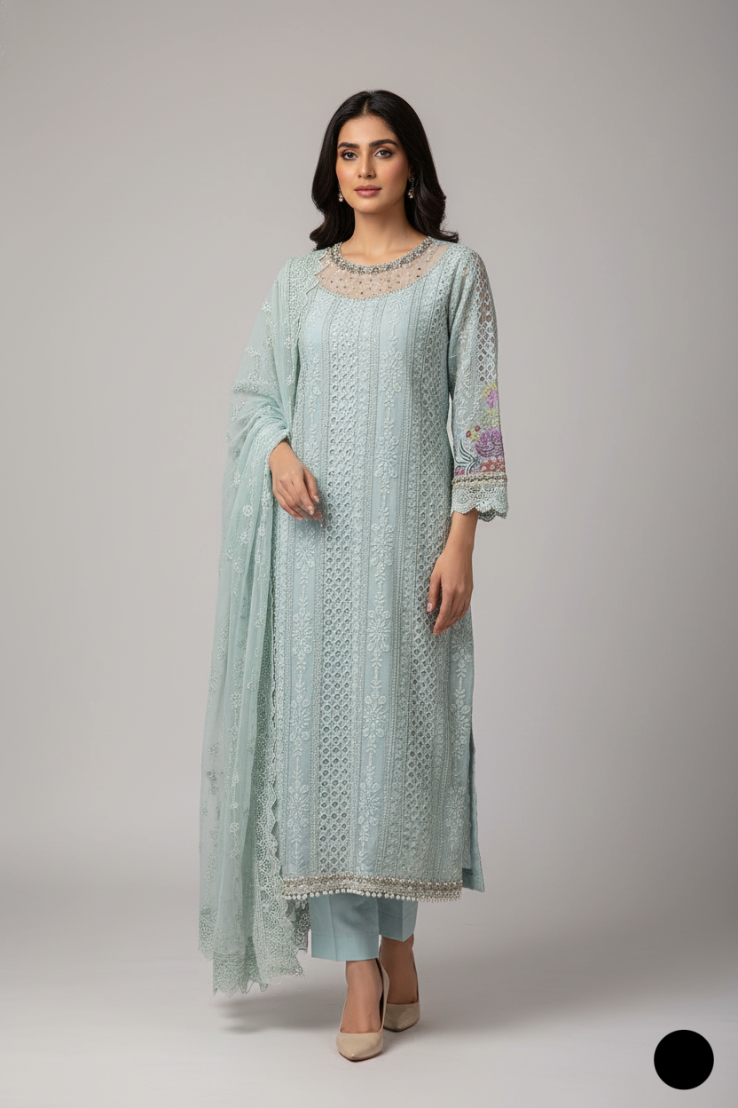 Chiffon straight shirt ABL 4075 - Pakistani women's elegant outfit with viscose trouser front view