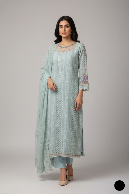 Chiffon straight shirt ABL 4075 - Pakistani women's elegant outfit with viscose trouser front view