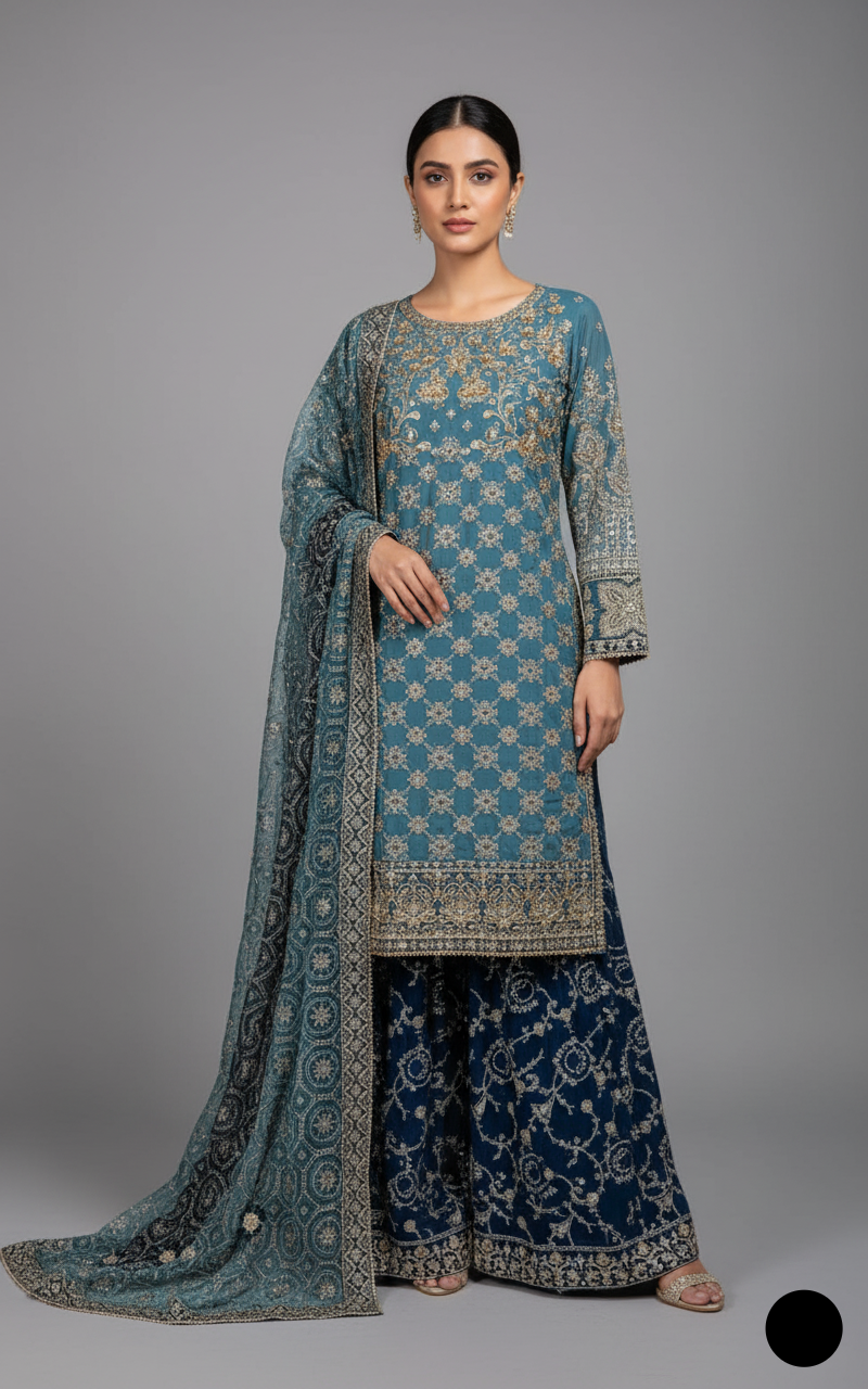 Organza straight shirt light blue - Pakistani women's elegant formal wear with viscose trouser and organza dupatta front view