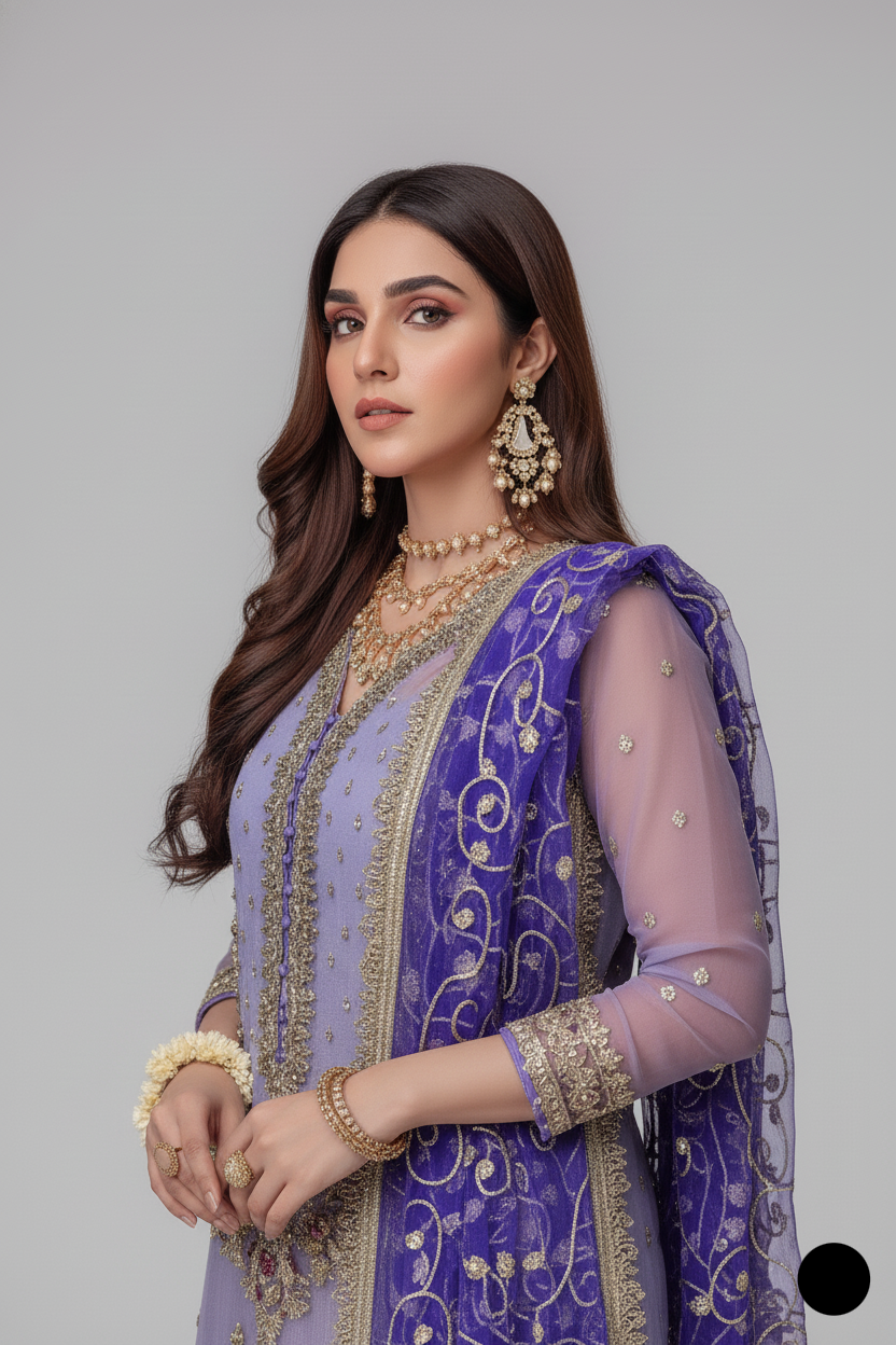 KB P235 Pakistani women's embroidered outfit with net dupatta detail view