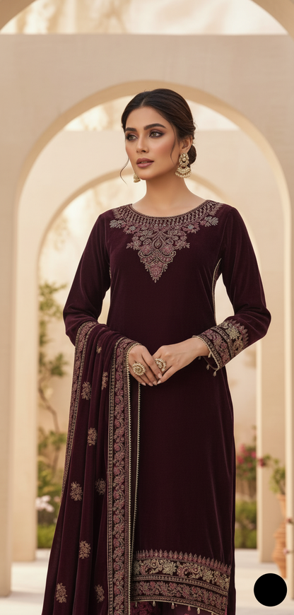 Pakistani women's maroon velvet A-Line shirt detail view