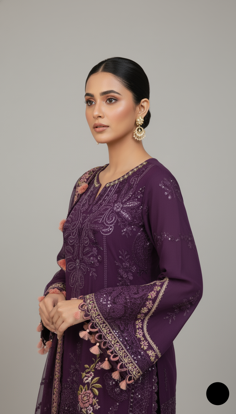 Pakistani women's dark purple organza A-Line shirt detail view