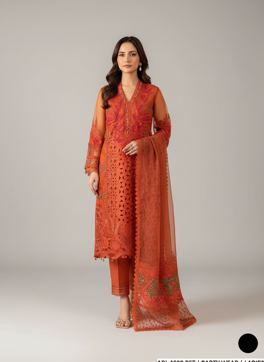 Organza A-Line shirt ABL 4029 - Pakistani women's elegant outfit with viscose trouser front view