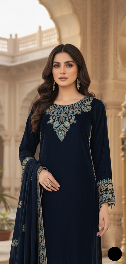 Pakistani women's zinc grey velvet A-Line shirt back view