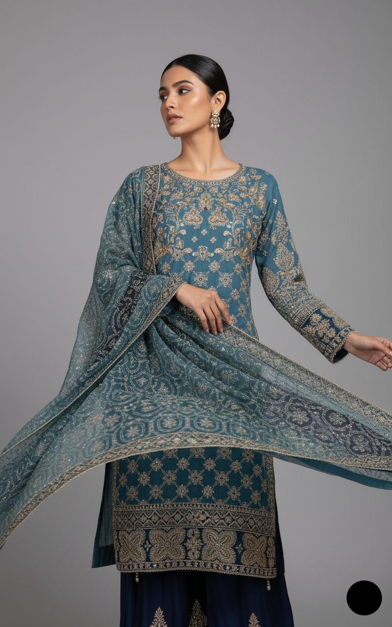 Pakistani women's light blue organza straight shirt detail view
