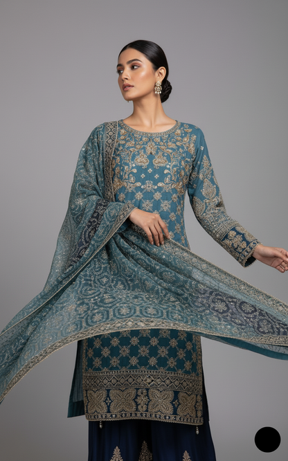 Pakistani women's light blue organza straight shirt detail view