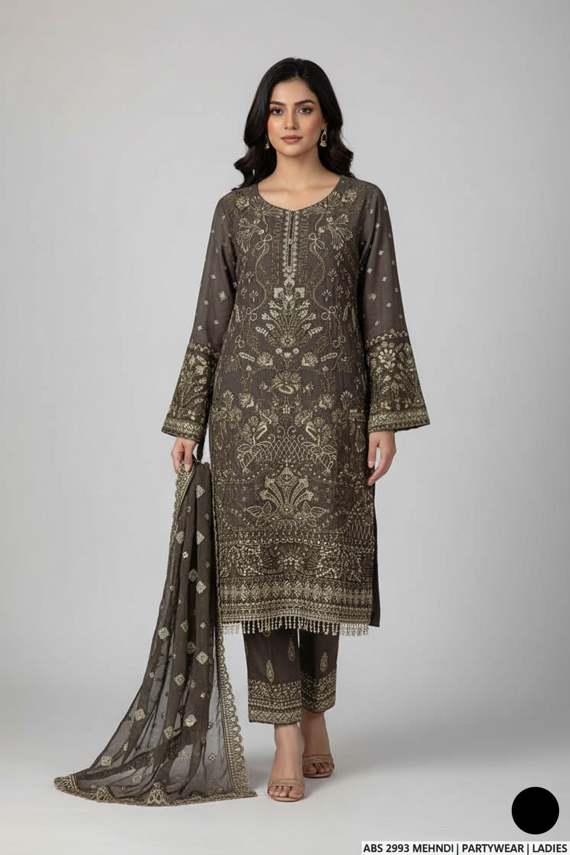 Organza straight shirt mehndi green - Pakistani women's elegant formal wear with viscose trouser and organza dupatta front view