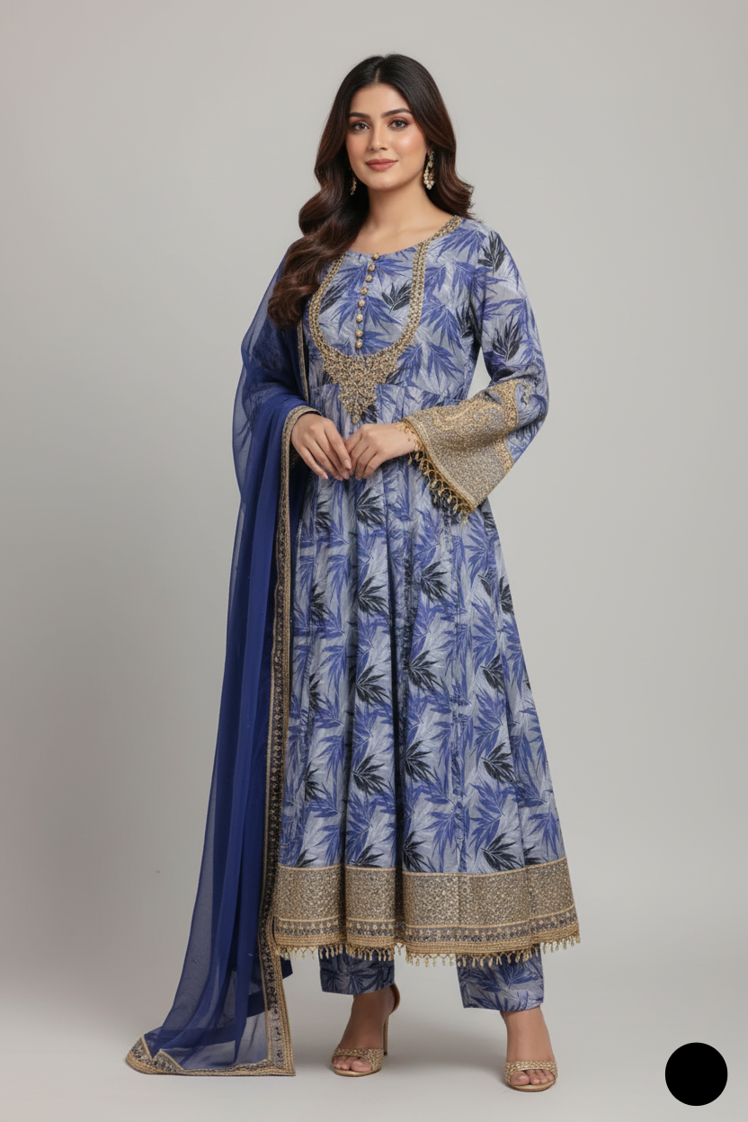 Cotton long frock SG 1435 - Pakistani women's casual elegant outfit with chiffon dupatta front view