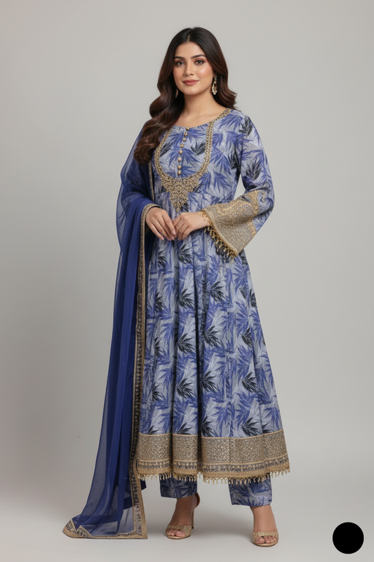 Cotton long frock SG 1435 - Pakistani women's casual elegant outfit with chiffon dupatta front view