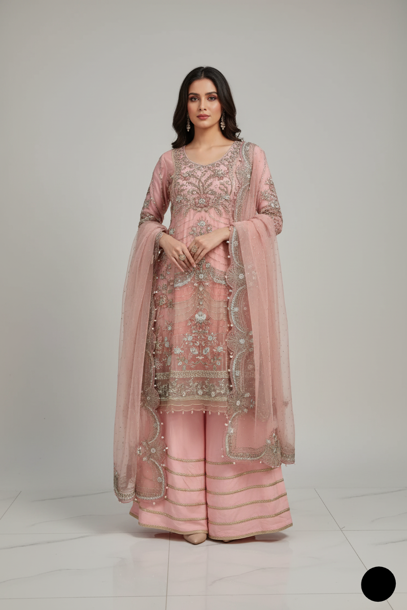 Organza frock plazo ABL 3905 - Pakistani women's luxury formal wear with viscose plazo and organza dupatta front view