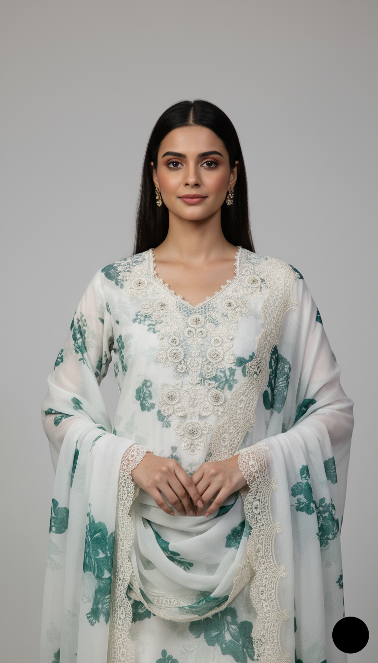 Green white organza Pakistani women's A-Line shirt side view