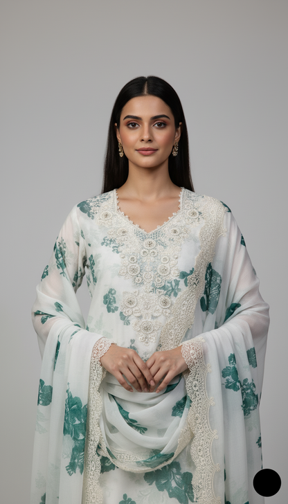 Green white organza Pakistani women's A-Line shirt side view