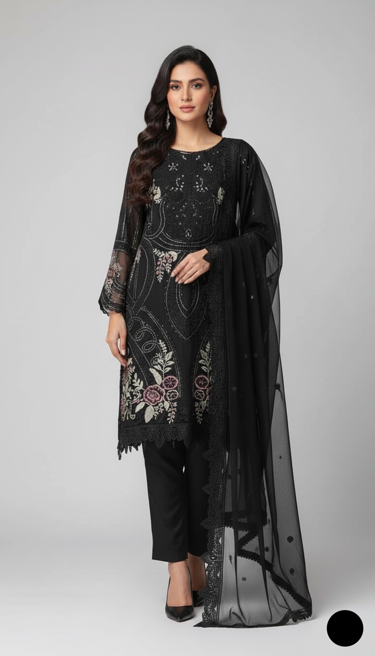 Chiffon straight shirt black - Pakistani women's formal party wear with viscose trouser and chiffon dupatta front view