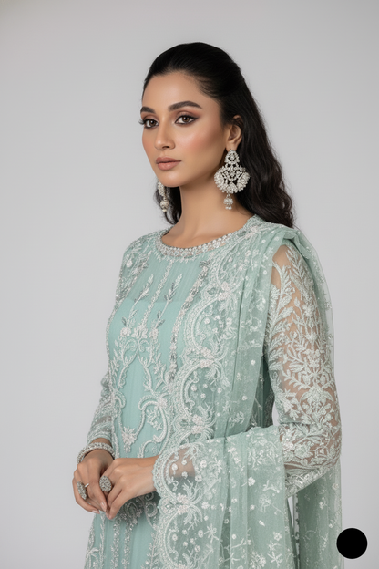 Pakistani women's light green chiffon straight shirt detail view