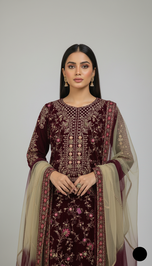 Maroon velvet Pakistani women's open shirt side view