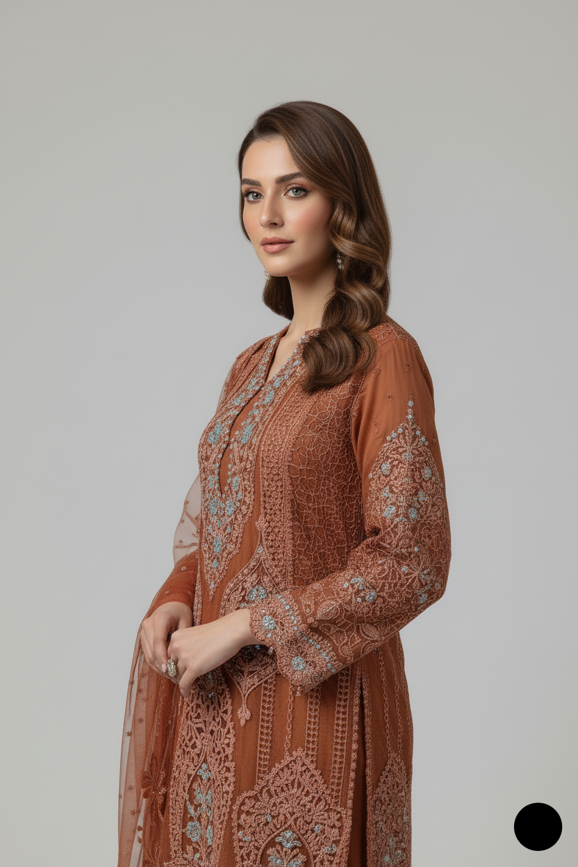 Pakistani women's rust organza A-Line shirt detail view