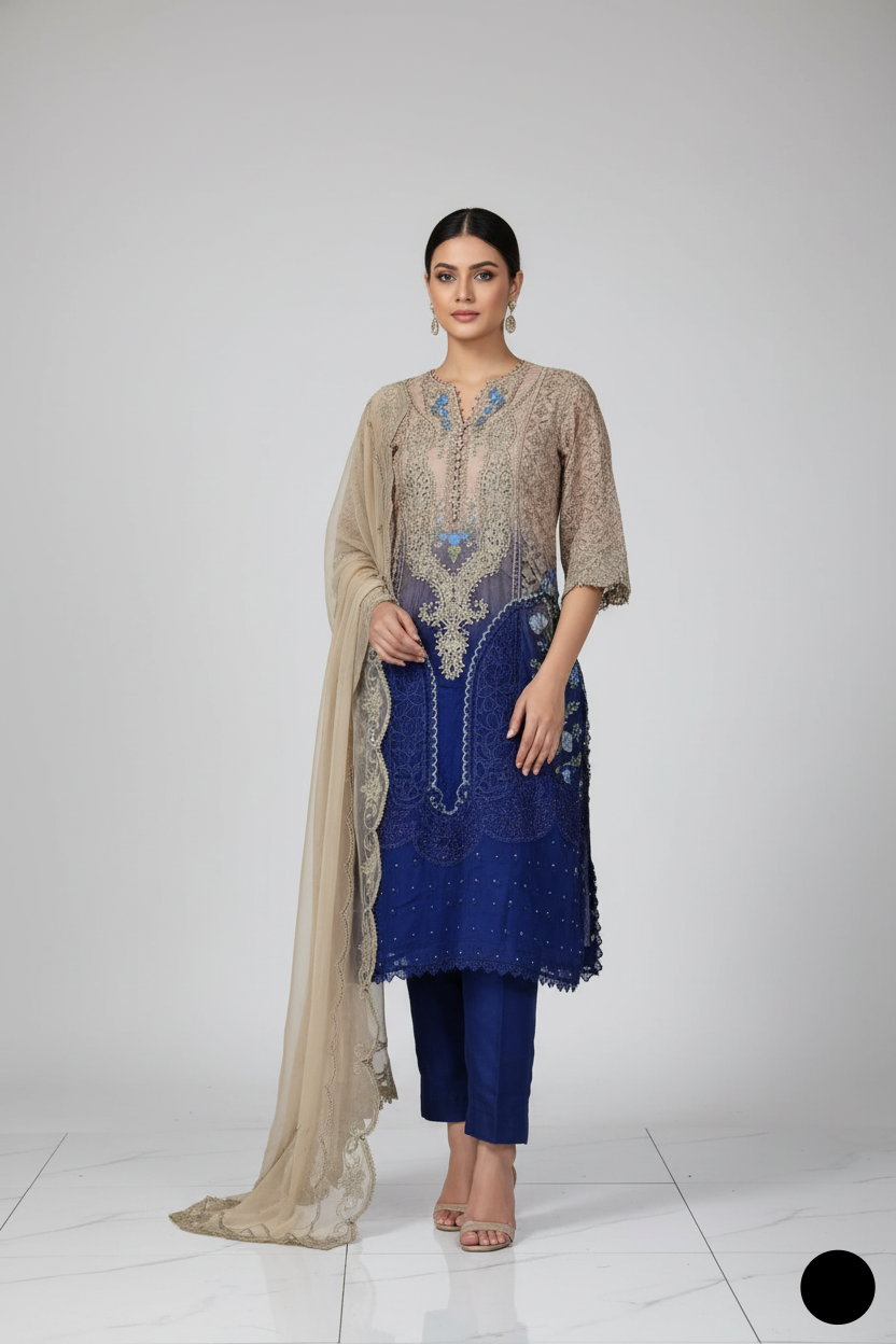 Organza A-Line shirt navy blue - Pakistani women's elegant formal wear with viscose trouser and organza dupatta front view
