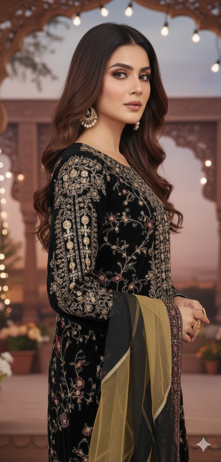 Pakistani women's black velvet open shirt detail view