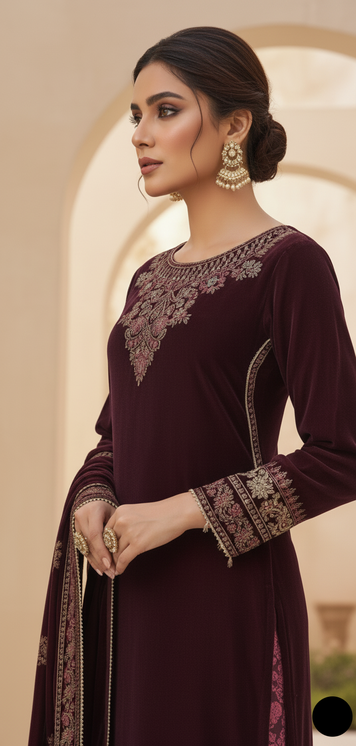 Pakistani women's maroon velvet A-Line shirt back view