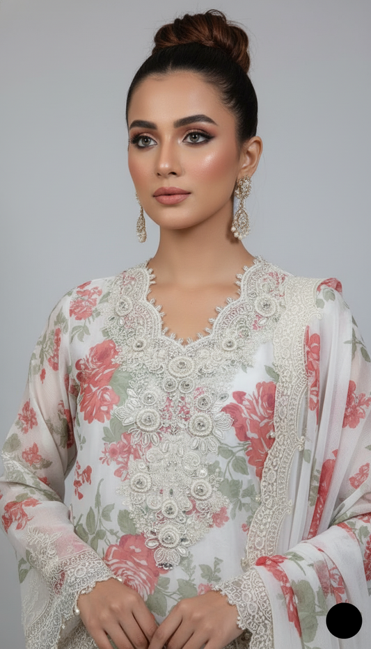 Rust white organza Pakistani women's A-Line shirt side view