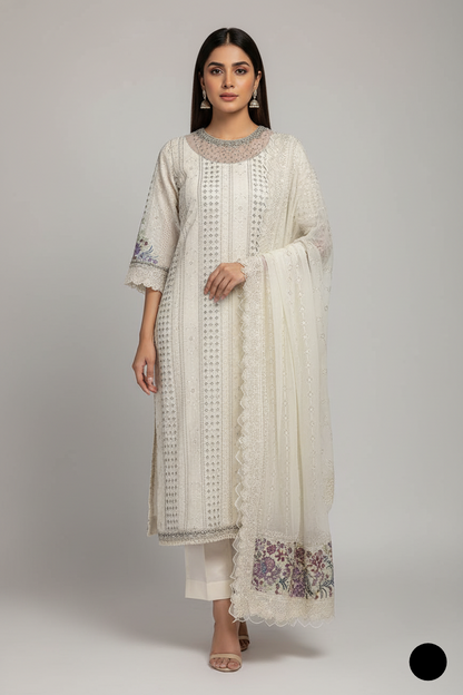 ABL 4075 - Beige Chiffon Straight 3-Piece Women's Pakistani Suit