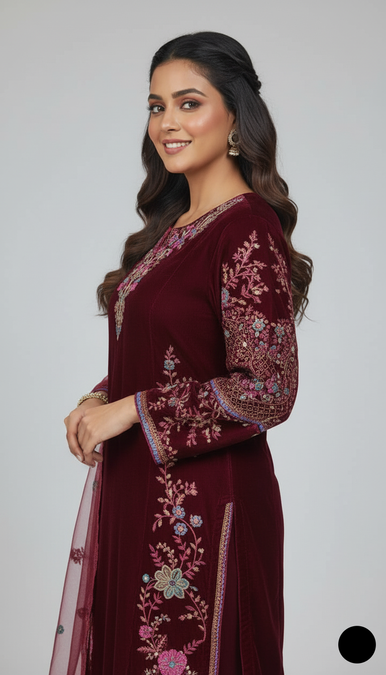 Pakistani women's maroon chiffon straight shirt plazo detail view