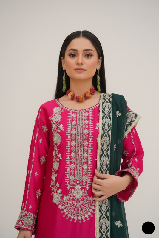 Shocking pink silk Pakistani women's straight shirt side view