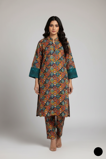 Lawn A-Line printed shirt - Pakistani women's casual summer outfit with cotton trouser and lawn dupatta front view