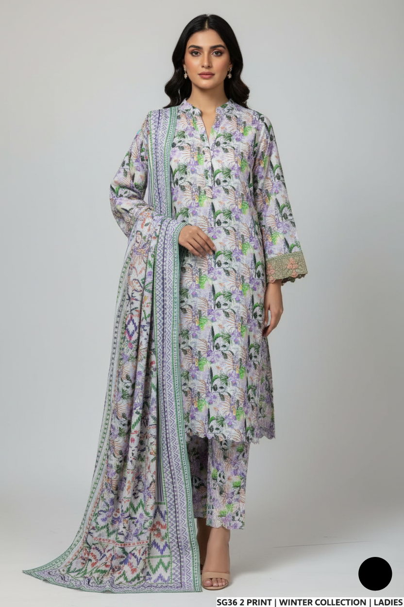 Lawn A-Line printed shirt - Pakistani women's casual summer outfit with cotton trouser and lawn dupatta front view