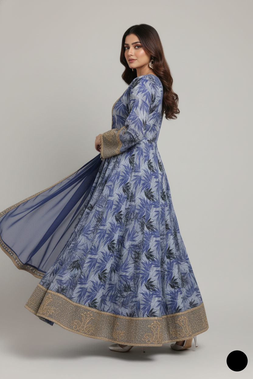 SG 1435 Pakistani women's cotton long frock with chiffon dupatta back view