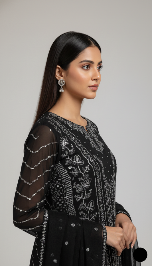 Black organza Pakistani women's straight shirt with plazo side view