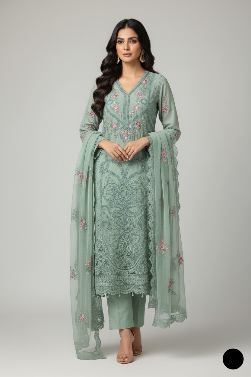 Chiffon straight shirt plazo light green - Pakistani women's party wear with viscose plazo and chiffon dupatta front view