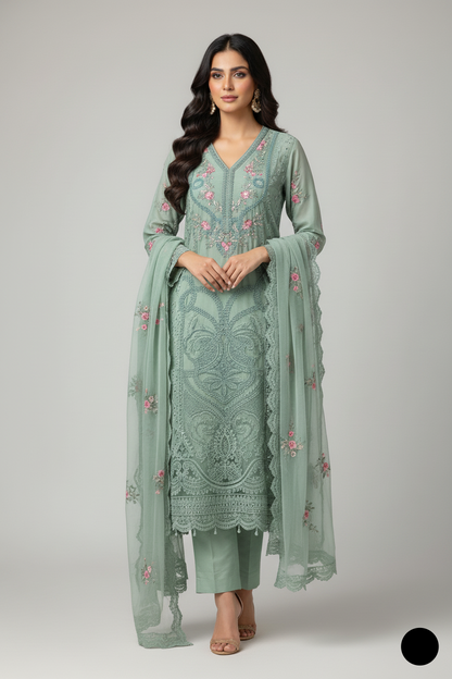 Chiffon straight shirt plazo light green - Pakistani women's party wear with viscose plazo and chiffon dupatta front view