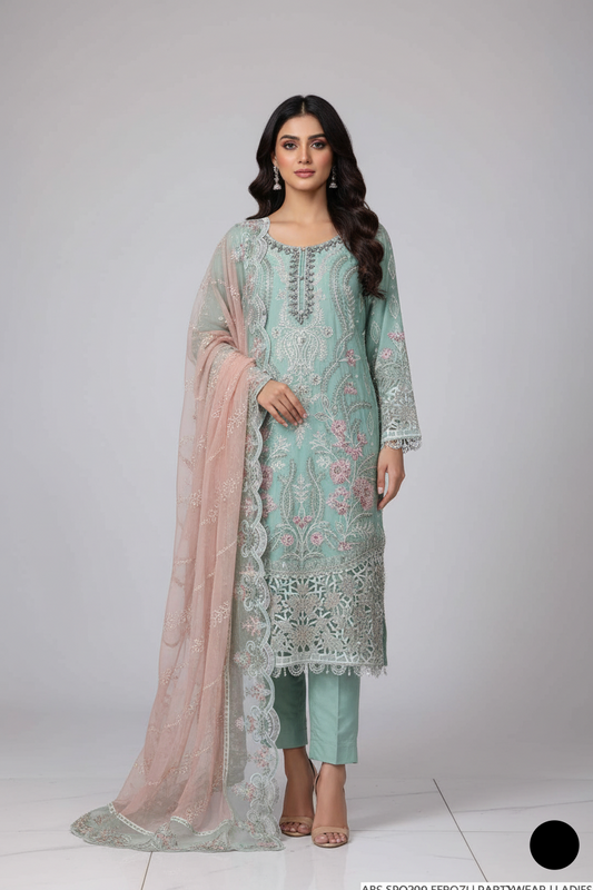 Chiffon straight shirt plazo ferozi - Pakistani women's party wear with grip plazo and organza dupatta front view