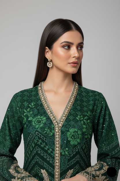 Pakistani women's bottle green organza straight shirt detail view