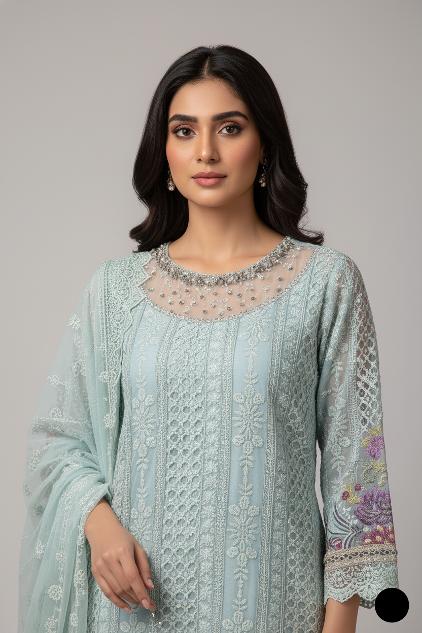 ABL 4075 Chiffon straight shirt Pakistani women's dress with chiffon dupatta side view