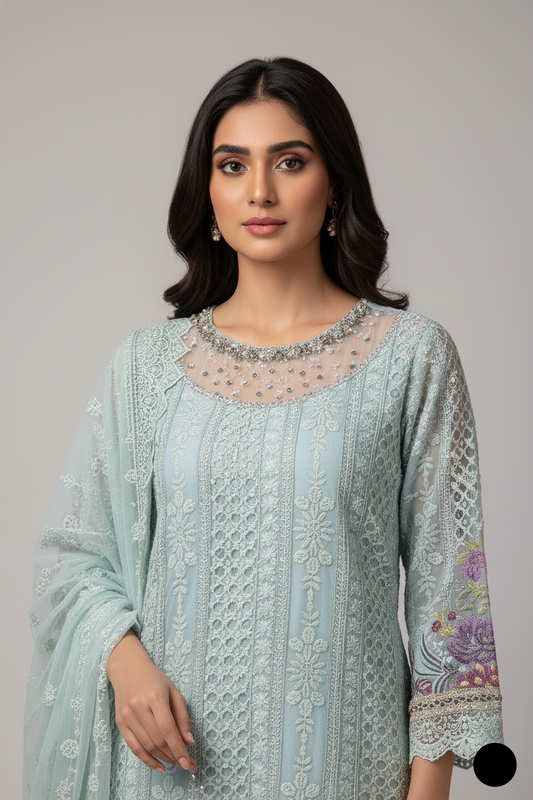 ABL 4075 Chiffon straight shirt Pakistani women's dress with chiffon dupatta side view
