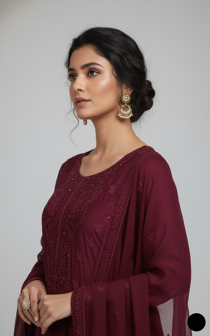 Pakistani women's maroon silk straight shirt detail view