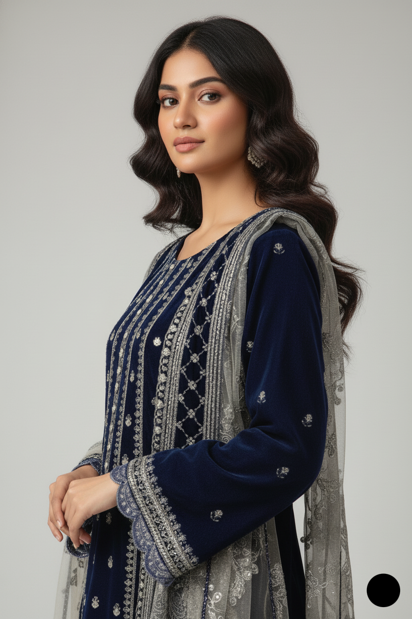 Velvet straight shirt SG1470 7 N.BLU - Pakistani women's festive wear with jamawar trouser front view
