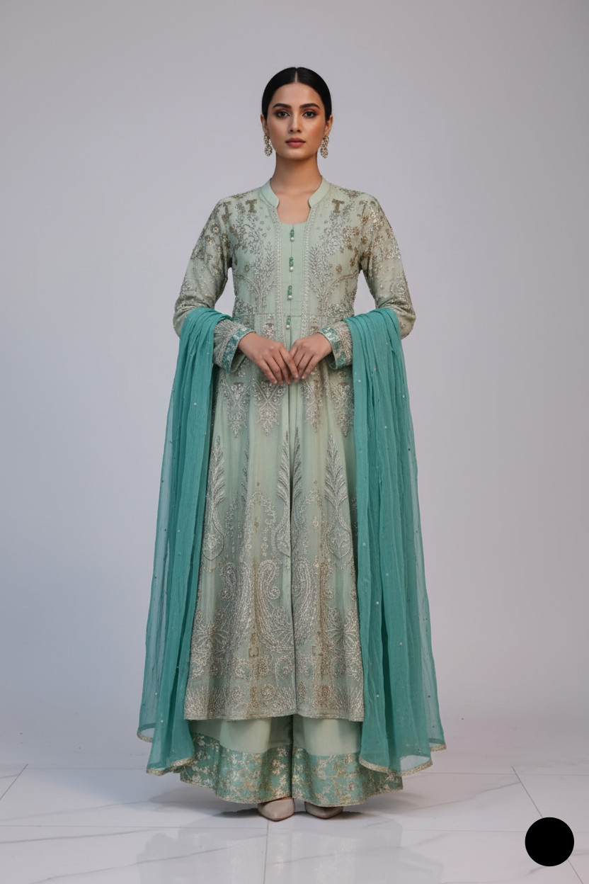 Chiffon open gown shirt ABS 3029 - Pakistani women's luxury formal wear with grip trouser front view