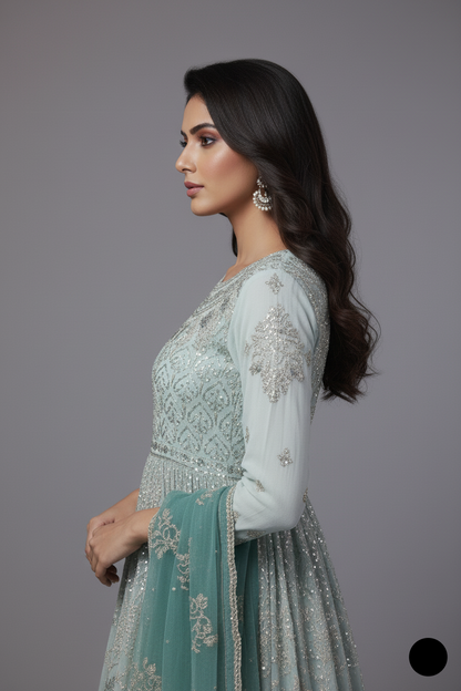 Pakistani women's light blue chiffon straight shirt plazo detail view